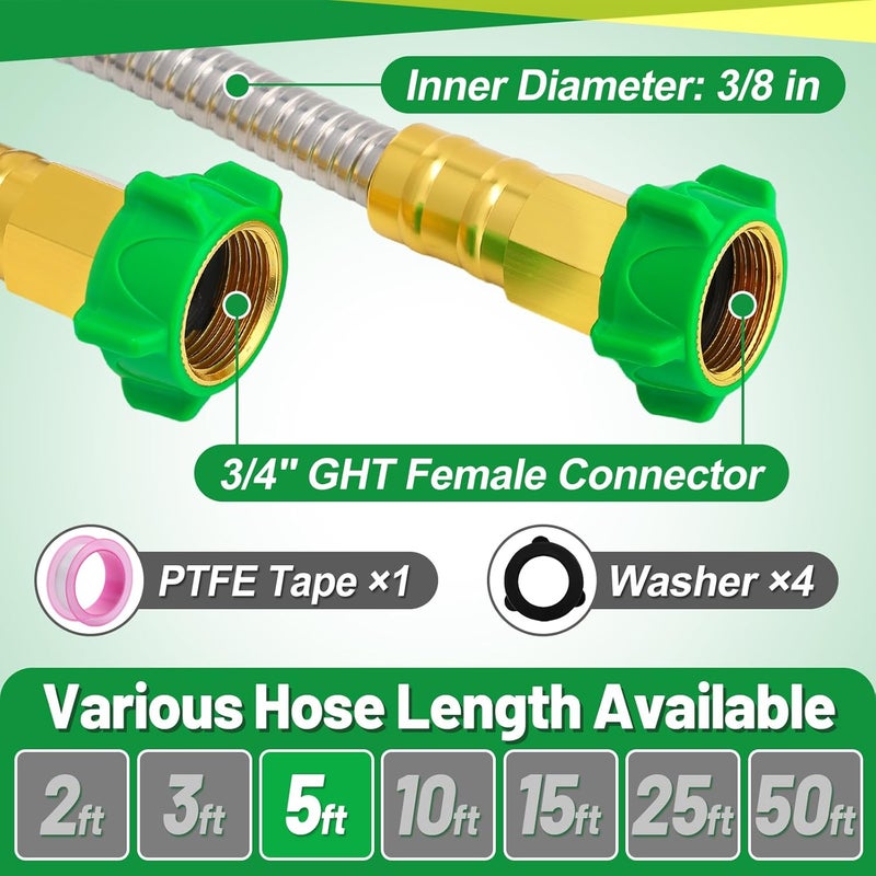 Beeplove Short Garden Hose with Female to Female Connector, 5ft Metal Leakproof Leader Hose for Hose Reel, Heavy Duty 304 Stainless Steel Flexible Hose for Outdoor Garden Watering Car Pet Cleaning - Image 5